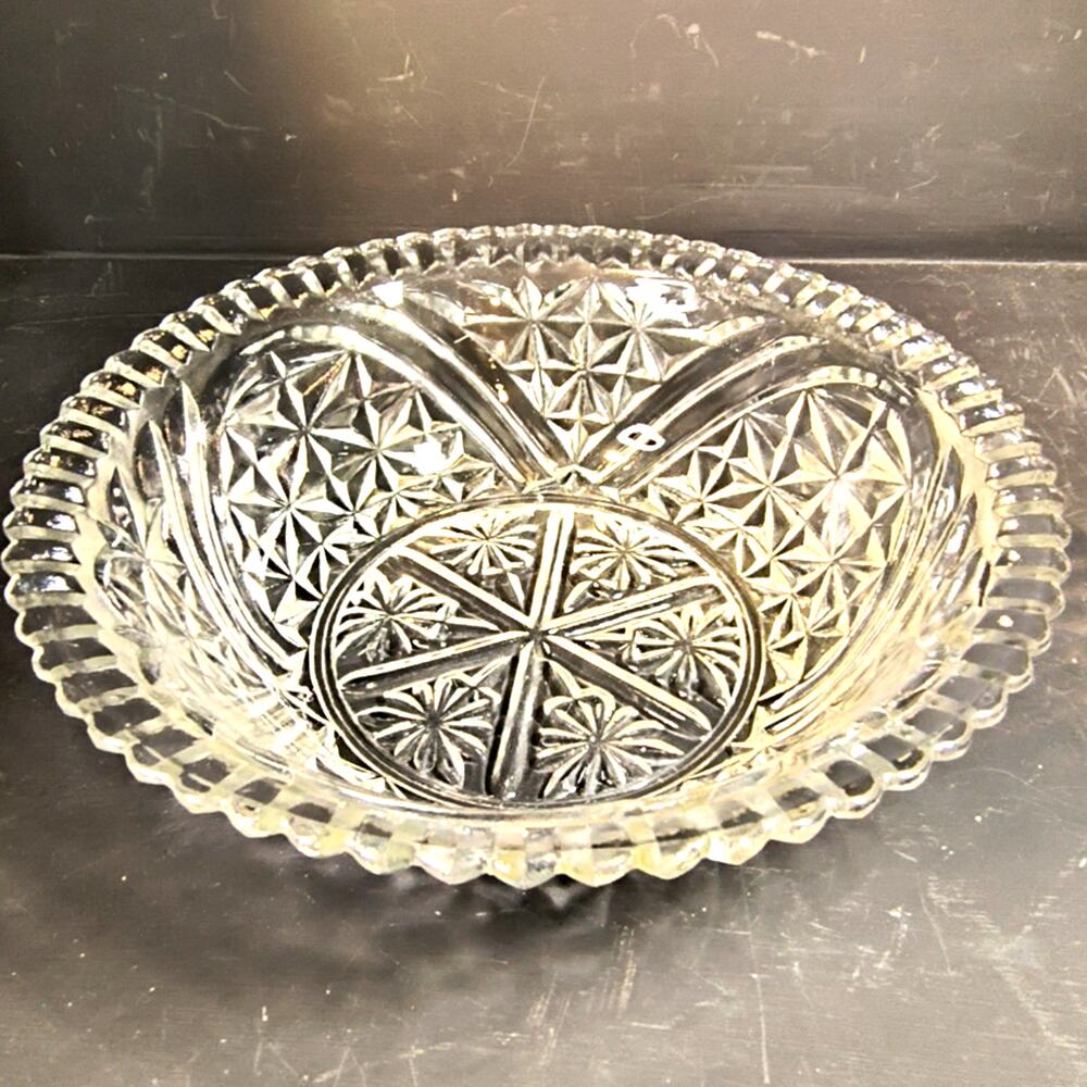 2206.  Vintage Anchor Hocking Stars and Bars Clear Pressed Glass Serving Bowl